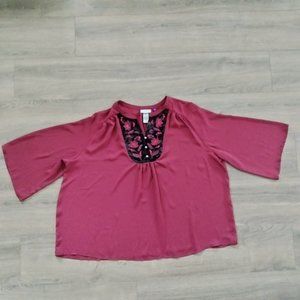 Catherines Women's Plus Size 2XWP Red Burgundy Velvet Floral Blouse 3/4 Sleeve